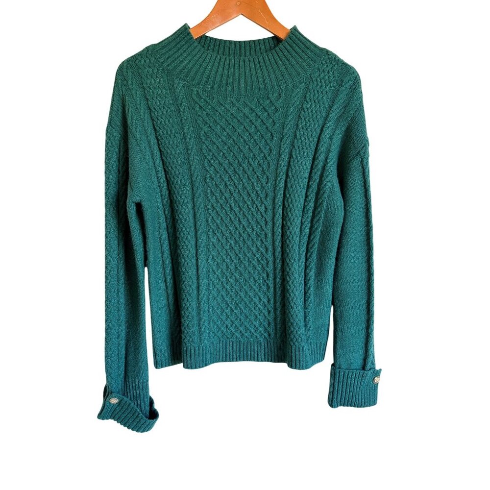 Talbots Small Green Mock Neck Cable Knit Gold Button Cuff Sweater Acrylic Blend